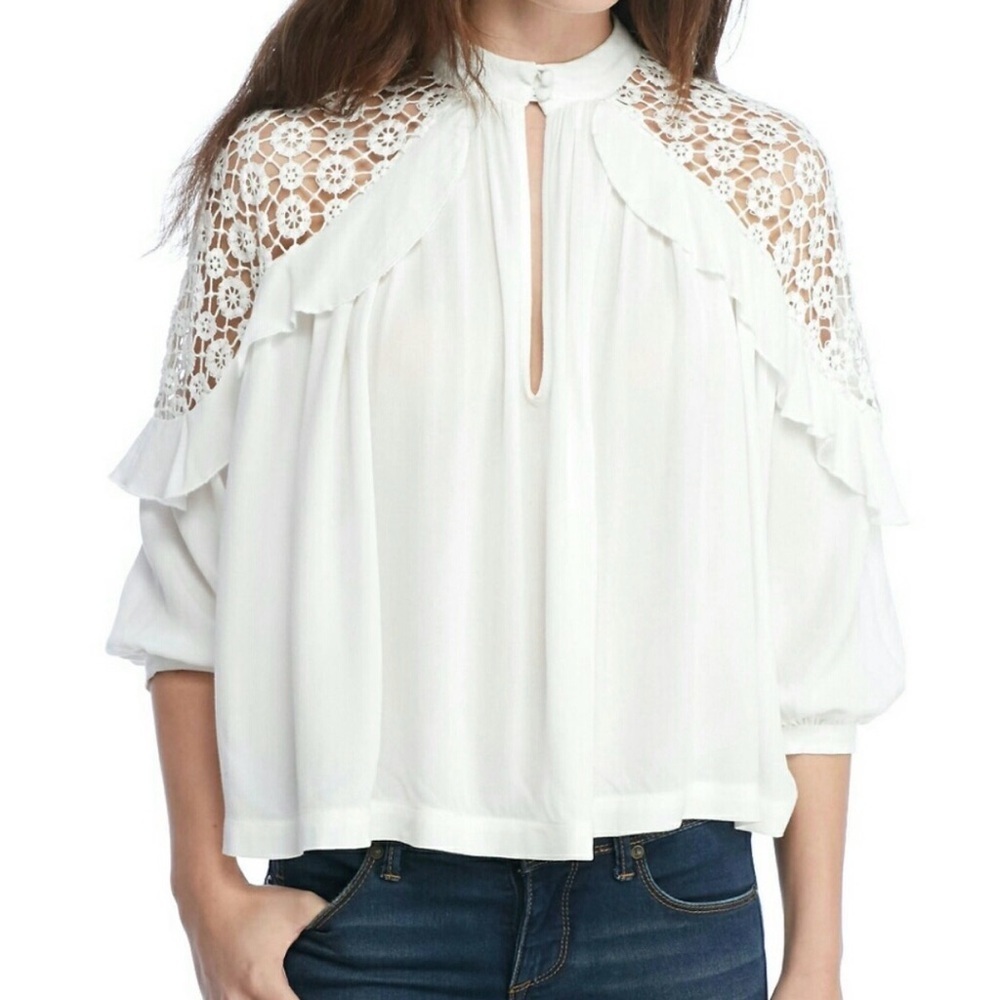 Free People Little Bit Of Love Lace Top White Small OB652064 Boho Crochet Ruffle